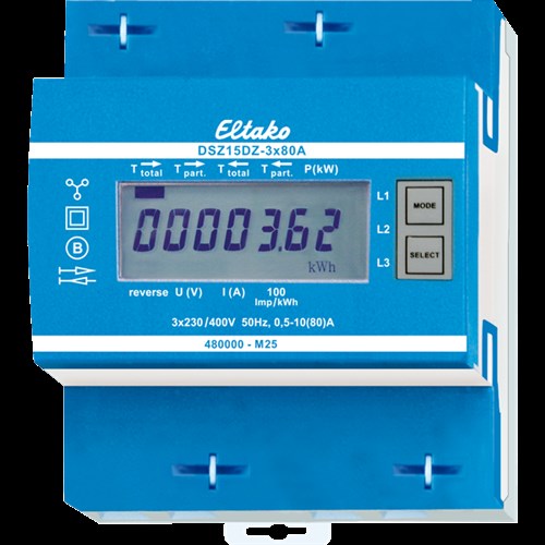 Elektronische 3-F+(N) 2-richting energiemeter 3x80A geijkt
