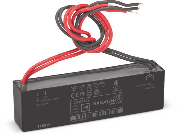 PLATTE ELEKTRONISCHE 70W-TRANSFORMATOR MET DRAADAANSLUITINGE