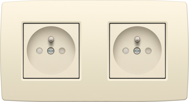 Niko 100-66602: Dubbele horizontaal stopcontact met penaarde en beschermingsafsluiters, schroefklemmen, inbouwdiepte 28,5 mm, incl. afdekplaat, cream