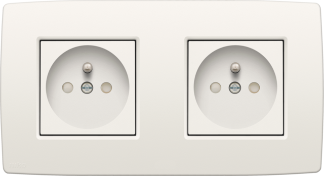 Niko 101-66602: Dubbele horizontaal stopcontact met penaarde en beschermingsafsluiters, schroefklemmen, inbouwdiepte 28,5 mm, incl. afdekplaat, white