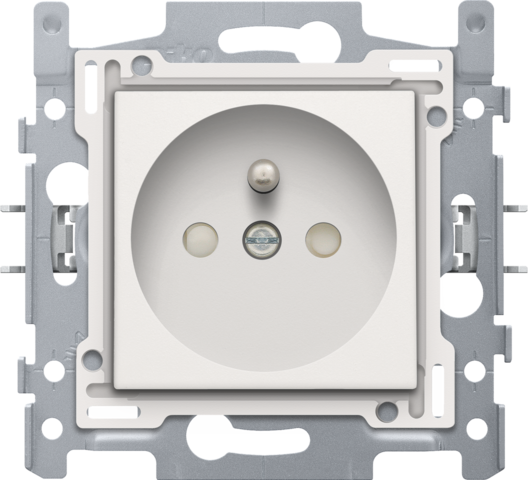 Niko 101-66605: Stopcontact met penaarde en beschermingsafsluiters, inbouwdiepte 28,5 mm, sokkel met insteekklemmen en afwerkingsset white