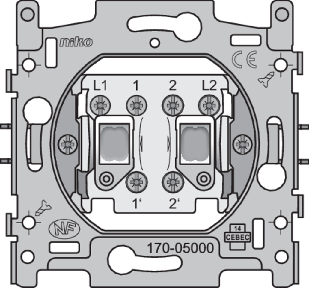 Niko 170-05000: Sokkel voor tweevoudige drukknop N.O. of N.G., 10 A/250 Vac, schroefklemmen - Image 2