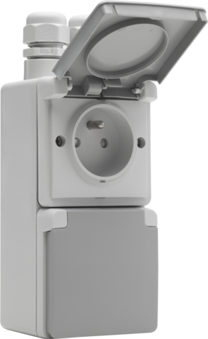 Niko 700-37735: Spuitwaterdicht dubbel verticaal stopcontact met penaarde, beschermingsafsluiters en insteekklemmen – inclusief opbouwdoos met twee ingangen bovenaan, grijs