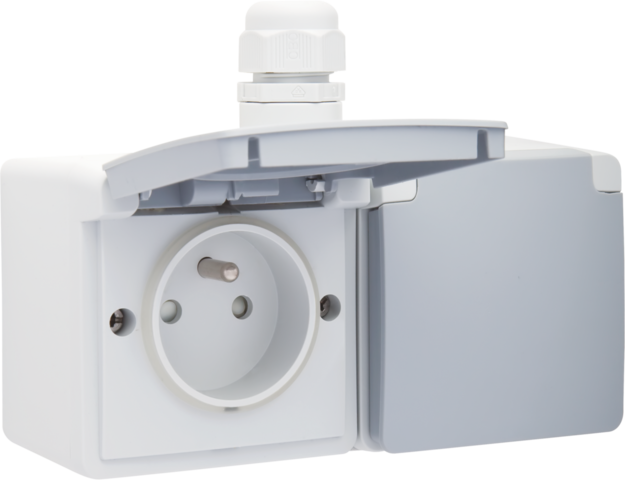 Niko 700-37748: Spuitwaterdicht dubbel horizontaal stopcontact met penaarde, beschermingsafsluiters en schroefklemmen – inclusief doos met één ingang bovenaan, grijs