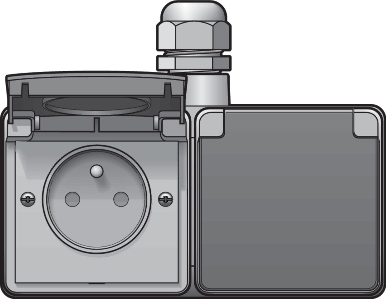 Niko 700-37748: Spuitwaterdicht dubbel horizontaal stopcontact met penaarde, beschermingsafsluiters en schroefklemmen – inclusief doos met één ingang bovenaan, grijs - Image 2