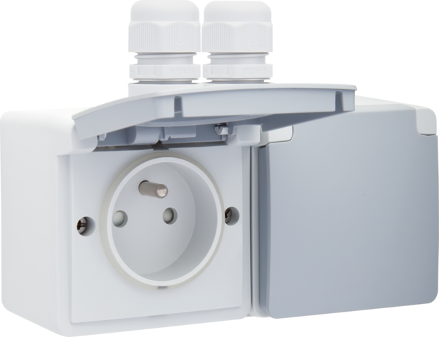 Niko 700-37749: Spuitwaterdicht dubbel horizontaal stopcontact met penaarde, beschermingsafsluiters en schroefklemmen – inclusief opbouwdoos met twee ingangen bovenaan, grijs