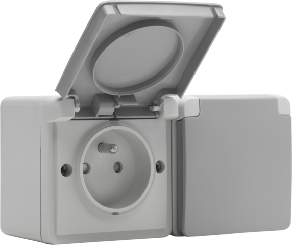 Niko 700-37754: Spuitwaterdicht dubbel horizontaal stopcontact met penaarde, beschermingsafsluiters en insteekklemmen – inclusief opbouwdoos met twee ingangen bovenaan, grijs