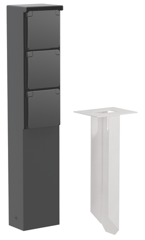 Niko 761-36635: Spuitwaterdichte tuinpaal met drievoudig stopcontact, penaarde en grondpin, zwart